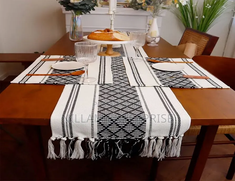 Braided Woven Textured Table Runner With Tassels + 6pcs Mats