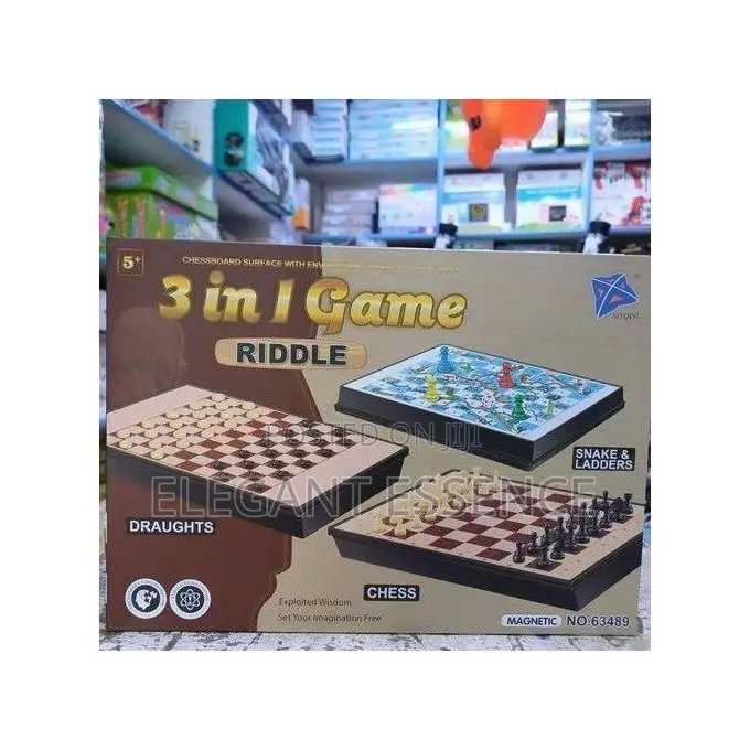 Board Large 3 In 1 Riddle Game - Chess, Draughts, Snakes And Ladders