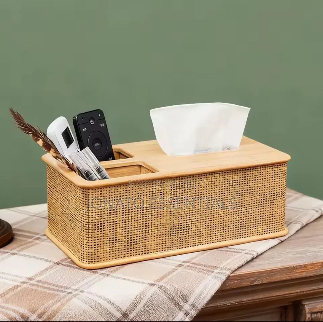 Bamboo Tissue Holder Remote Organizer - Desktop Storage
