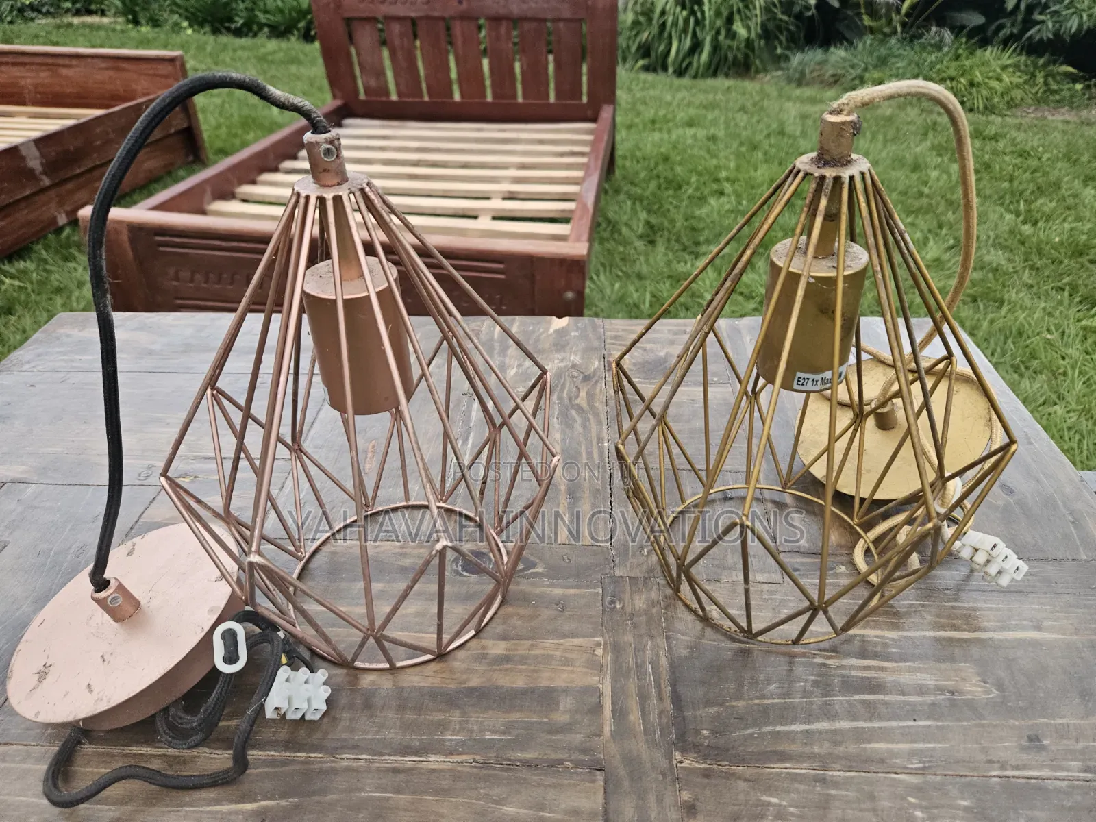 Trendy Geometric Cage Pendant Lights, Rose Gold Gold Pair (Karen)