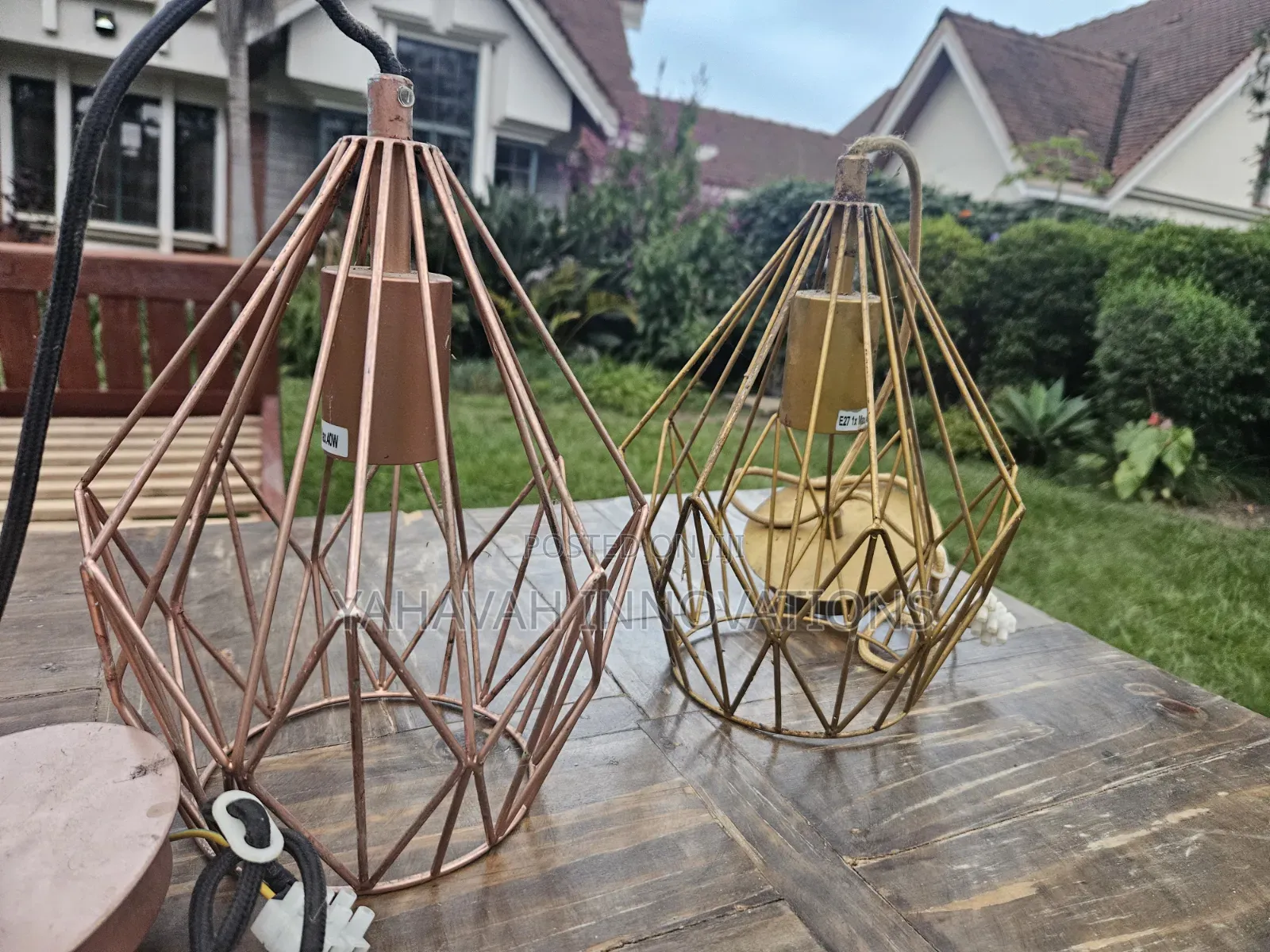 Trendy Geometric Cage Pendant Lights, Rose Gold Gold Pair (Karen)