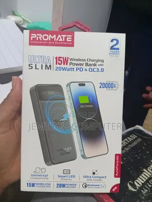 Promate 20000mAh Ultra Slim Wireless Charging Power Bank 15W Wireless