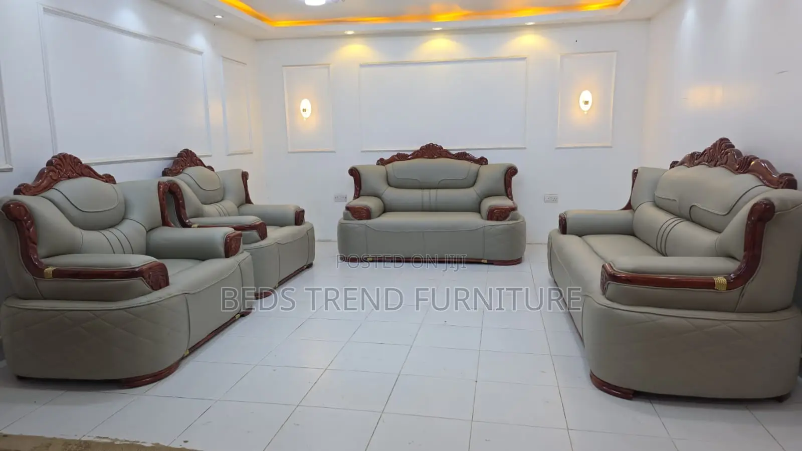 8 Seater Sofa Set – Carved Wooden Frame Gray Leather Cushions