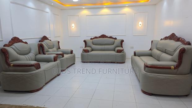 8 Seater Sofa Set – Carved Wooden Frame Gray Leather Cushions
