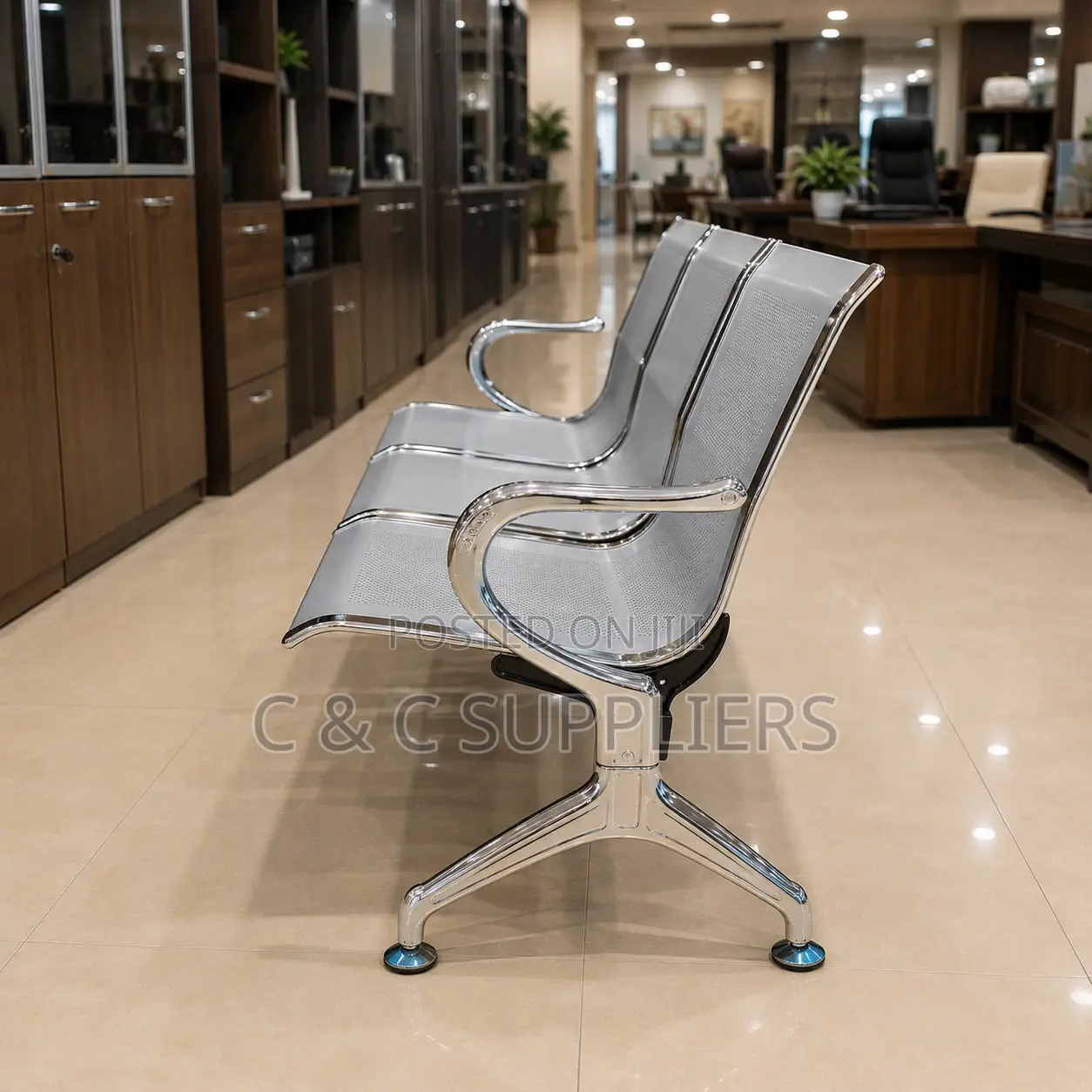 3-Seater Metallic Waiting Bench With Armrest