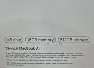 New Laptop Apple MacBook Air 2026 M5 16GB Apple M5 SSD 512GB