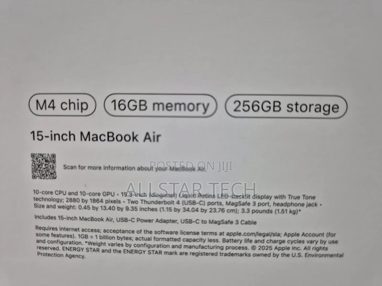 New Laptop Apple MacBook Air 2025 M4 16GB Apple M4 SSD 256GB