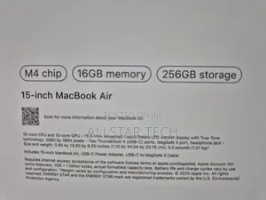 New Laptop Apple MacBook Air 2025 M4 16GB Apple M4 SSD 256GB