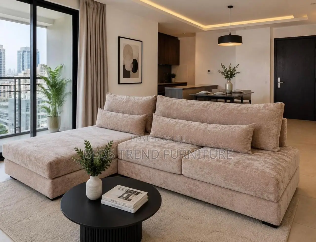 Modern 6 Seater L Seat – Beige Upholstery