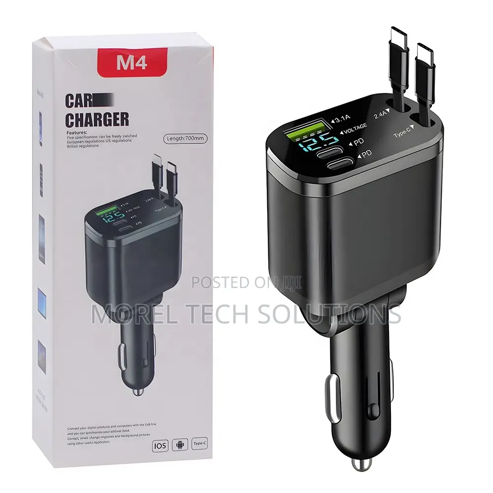 5-in-1 Multi-Port Fast Car Charger, Dual Retractable Charging Cables