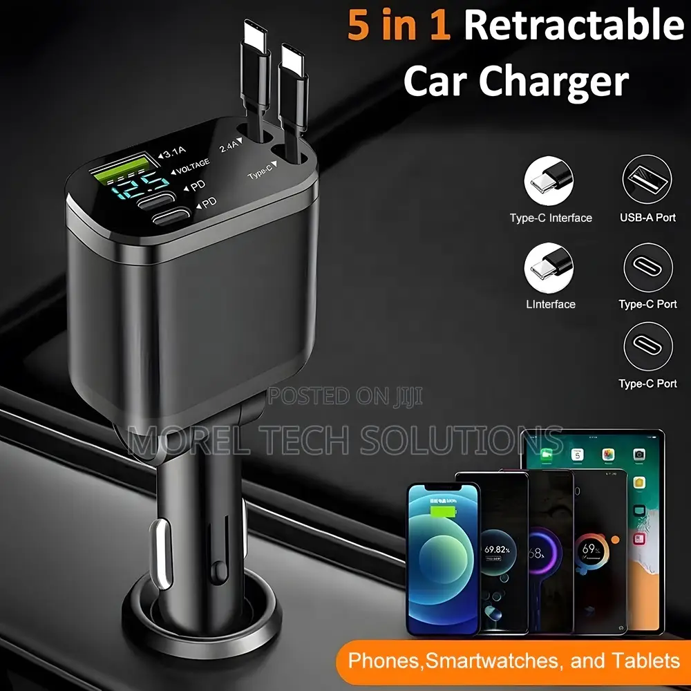 5-in-1 Multi-Port Fast Car Charger, Dual Retractable Charging Cables