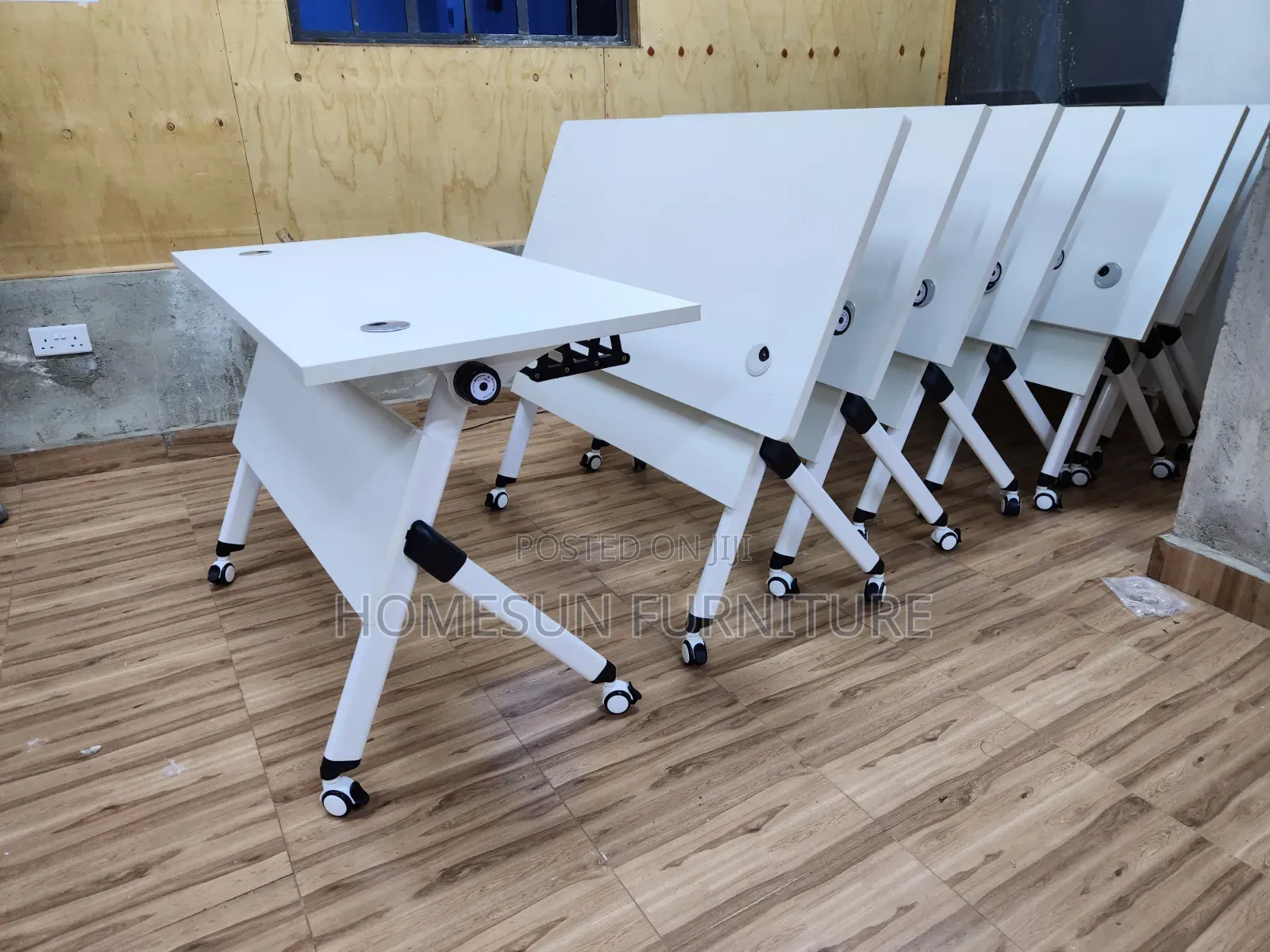 Foldable Mobile Office Training Table With Wheels – White