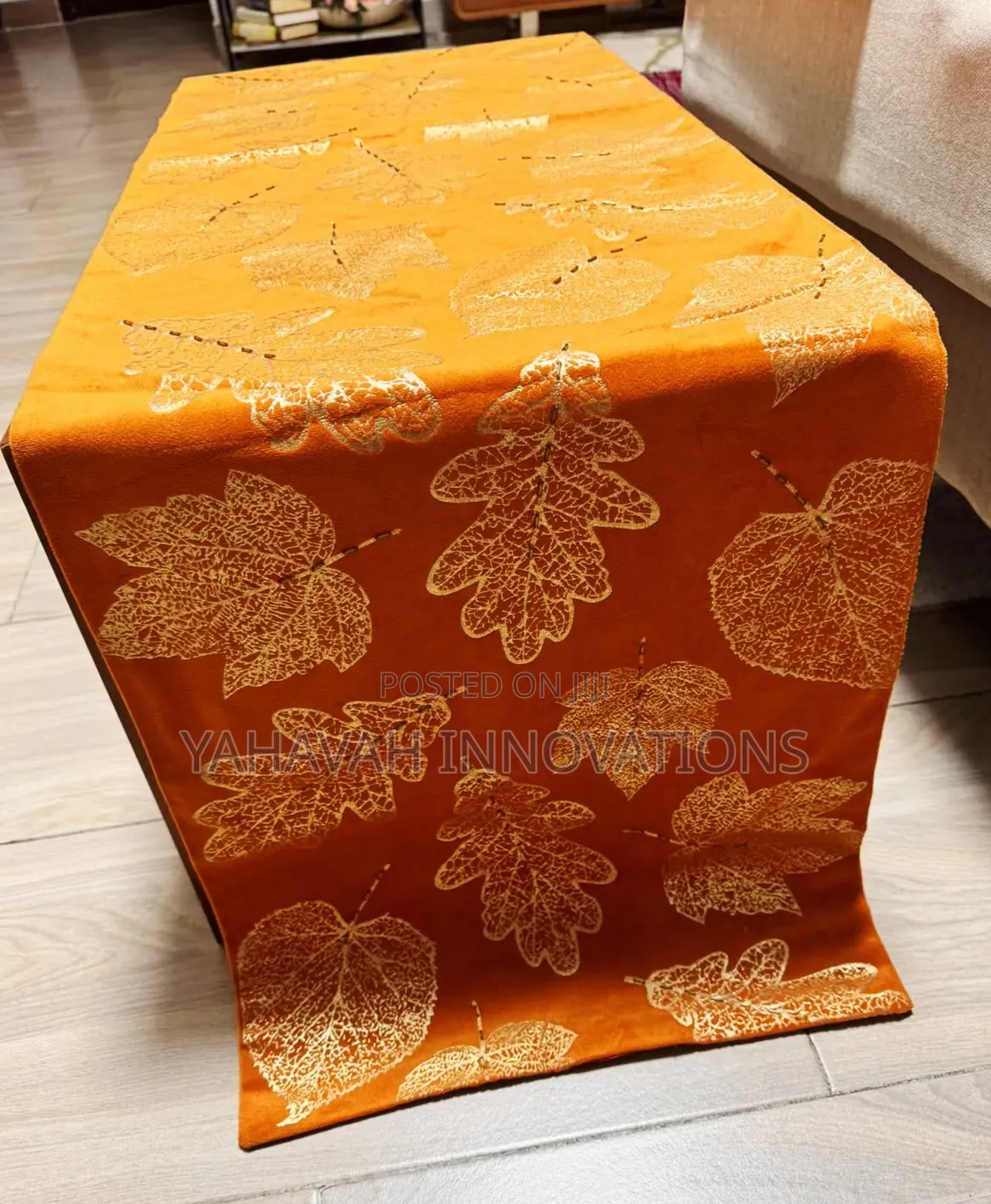 Stunning Oriental Table Runner Burnt Orange Gold Leaf Velvet Satin