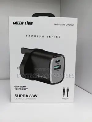 This Is a Green Lion Supra 33w Uk Wall Charger in Black.