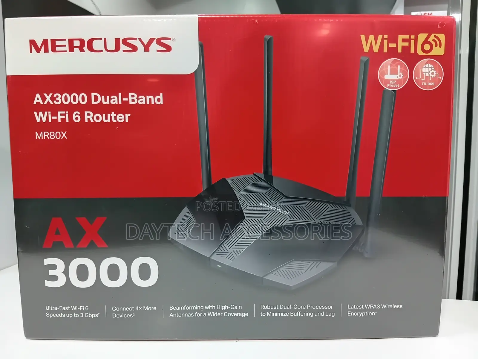 Mercusys Mr80x Ax3000 Dual-Band Wi-Fi 6 Router With Four Antennas.