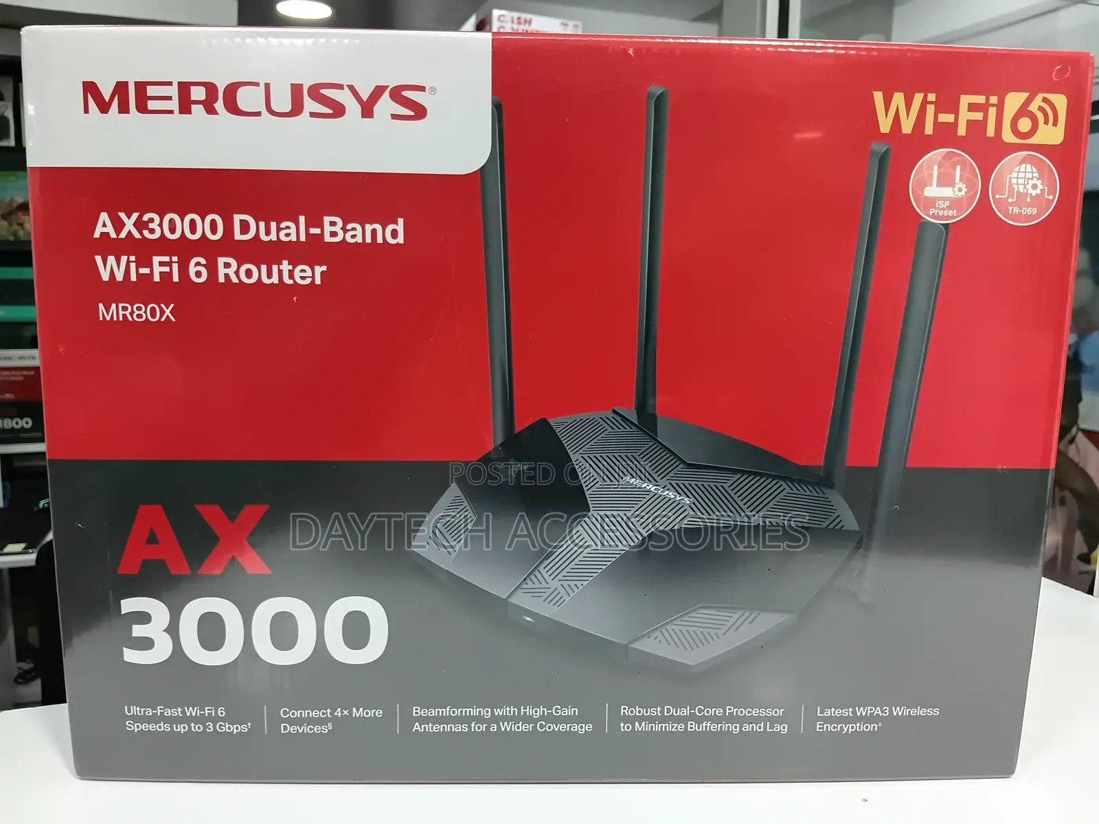 Mercusys Mr80x Ax3000 Dual-Band Wi-Fi 6 Router With Four Antennas.