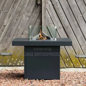 Standing Glass Patio Heater, Fire Pit Table, Steel Finish, Square