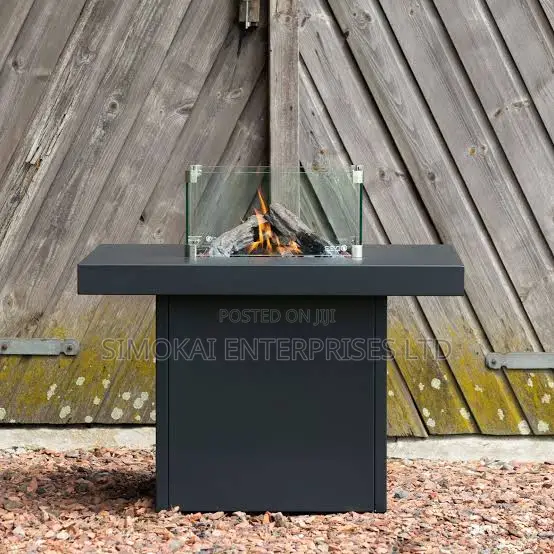 Standing Glass Patio Heater, Fire Pit Table, Steel Finish, Square
