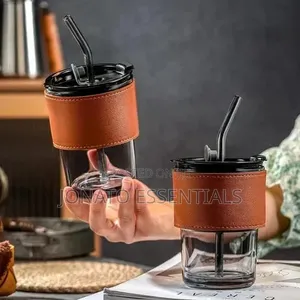 Modern Glass Coffee Mug With Leather Sleeve Straw -