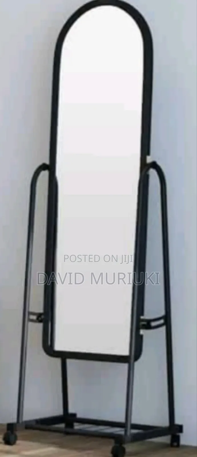 Black Full Length Dressing Mirror With Wheels and Shoes Rack.