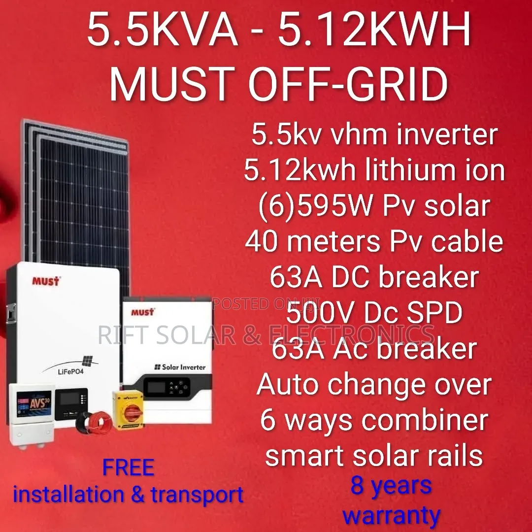 5.5kv - 5.12kwh Lithium -(6)595w Solar - Free Installation Transport