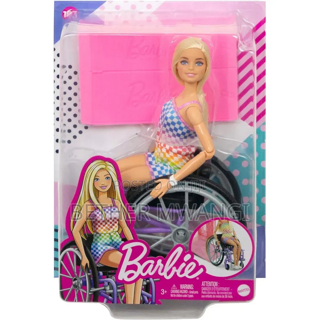 Barbie Doll With Wheelchair Ramp ,Straight Blonde Hair Rainbow Romper