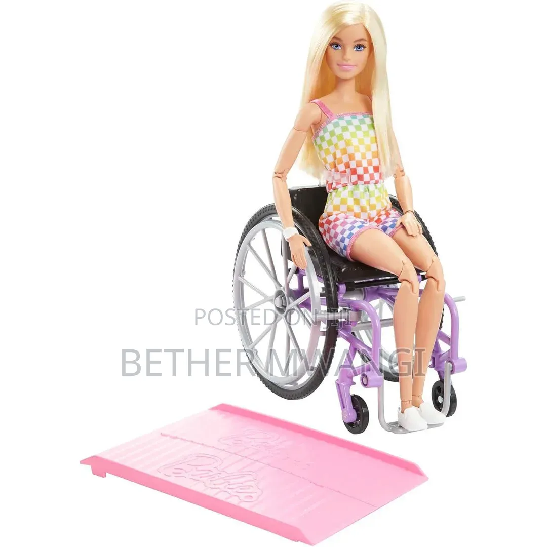 Barbie Doll With Wheelchair Ramp ,Straight Blonde Hair Rainbow Romper