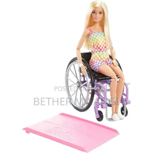 Barbie Doll With Wheelchair Ramp ,Straight Blonde Hair Rainbow Romper