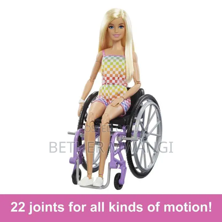 Barbie Doll With Wheelchair Ramp ,Straight Blonde Hair Rainbow Romper