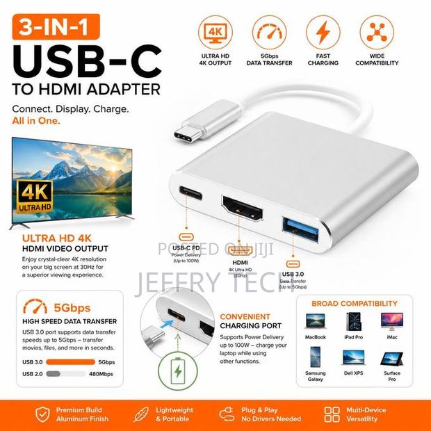 Usb C to Hdmi Adapter 3-in-1 Usb 3.0 Pd 100w Fast Charging Multipor - thumbnail 2