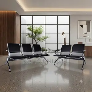 Office Bench; Three Seaters Black Leather Reception Waiting Bench