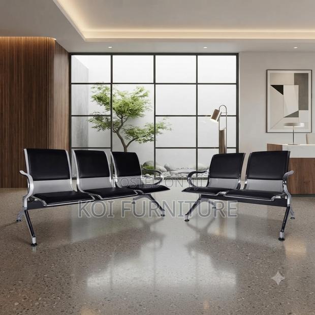 Office Bench; Three Seaters Black Leather Reception Waiting Bench - thumbnail 2