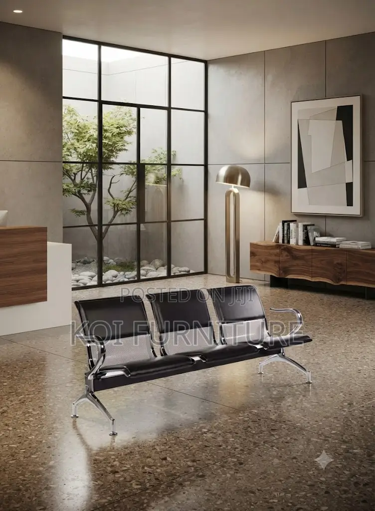 Office Bench; Three Seaters Black Leather Reception Waiting Bench