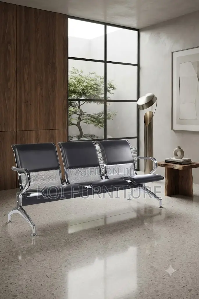 Office Bench; Three Seaters Black Leather Reception Waiting Bench