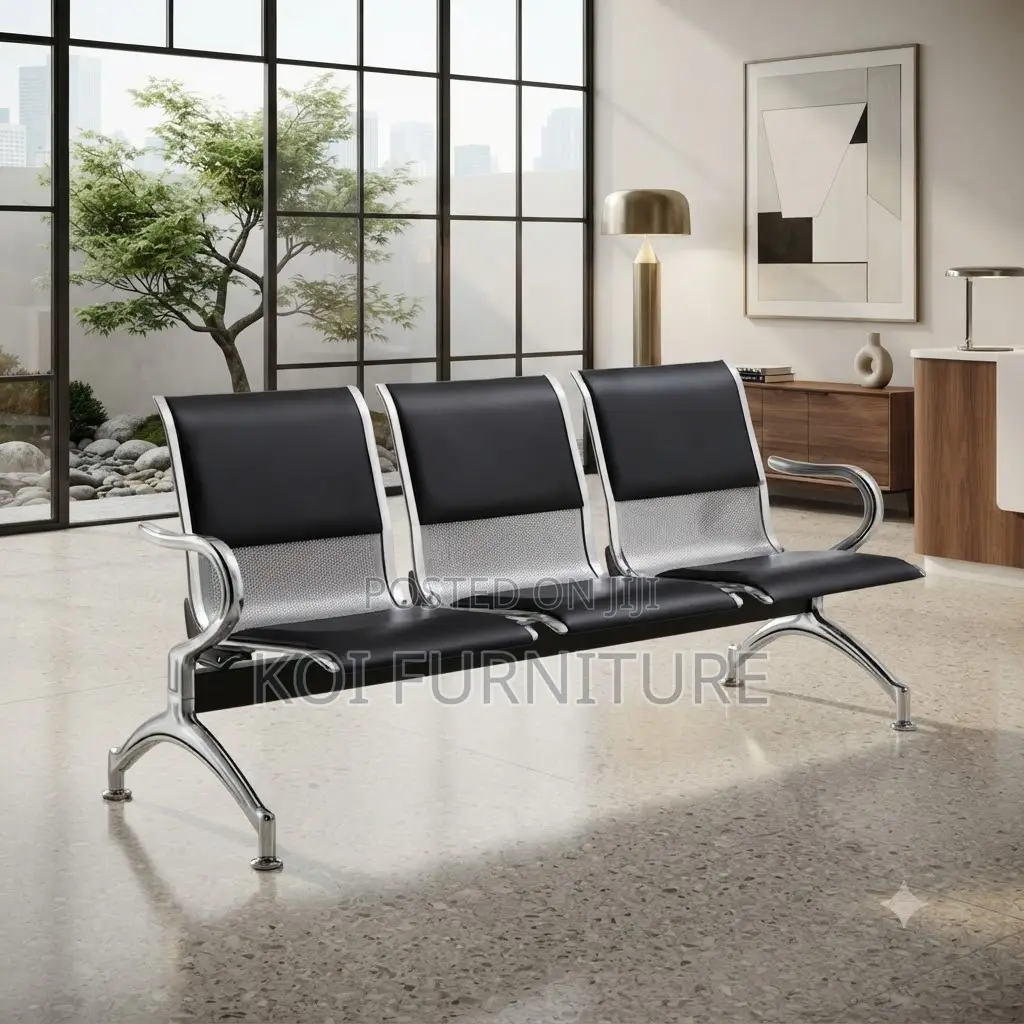Office Bench; Three Seaters Black Leather Reception Waiting Bench