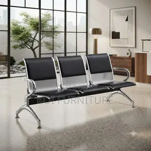 Office Bench; Three Seaters Black Leather Reception Waiting Bench