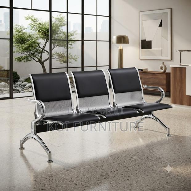 Office Bench; Three Seaters Black Leather Reception Waiting Bench - thumbnail 4