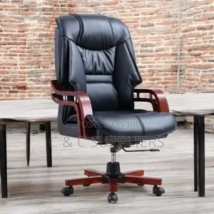 Leather High Back Chair With Mahogany Armrest