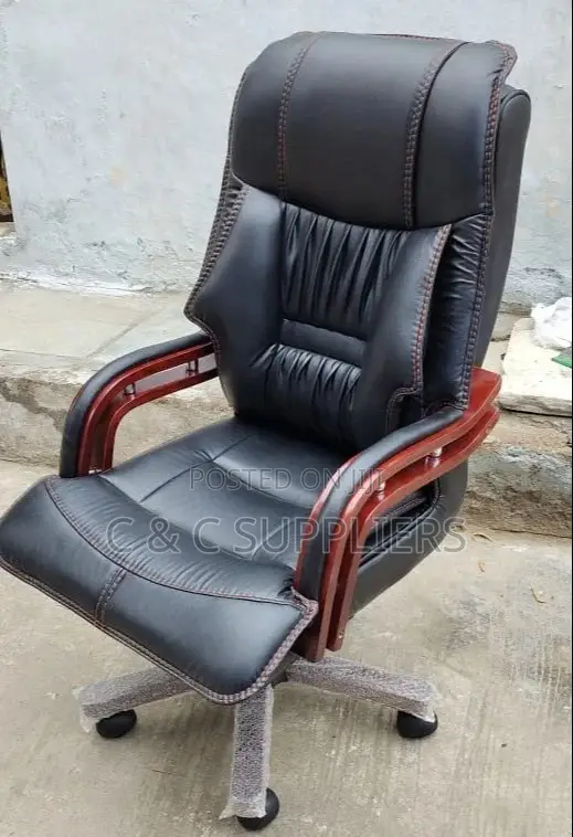 Leather High Back Chair With Mahogany Armrest
