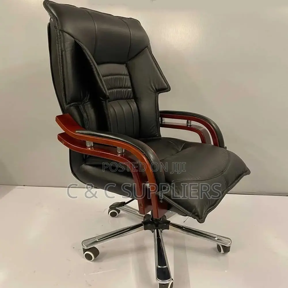 Leather High Back Chair With Mahogany Armrest