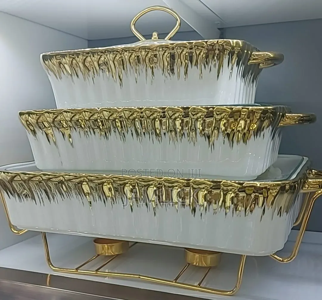Luxury 3-Piece White Gold Ceramic Chafing Dish Set - Cv