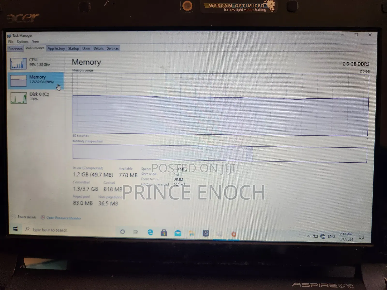 Laptop Acer Aspire 1 2GB Intel Atom HDD 160GB