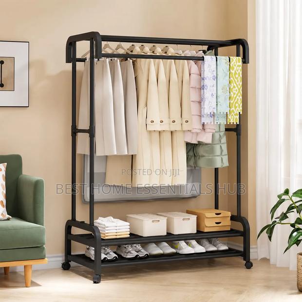 *Double Pole Wheeled Clothes Drying Rack, With Double Layer Shoe Rack