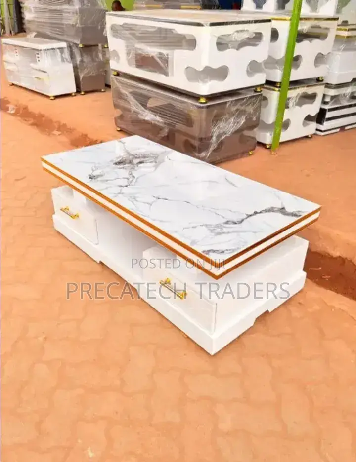 Elegant Coffee Table With Marble Finish and Shelves