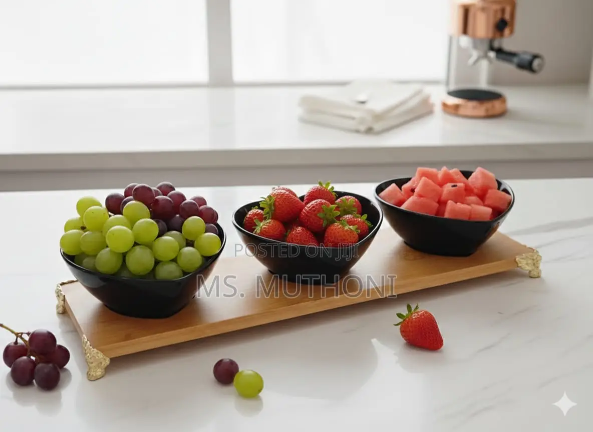 Charming Heart-Shaped Ceramic Bowls on a Bamboo Tray