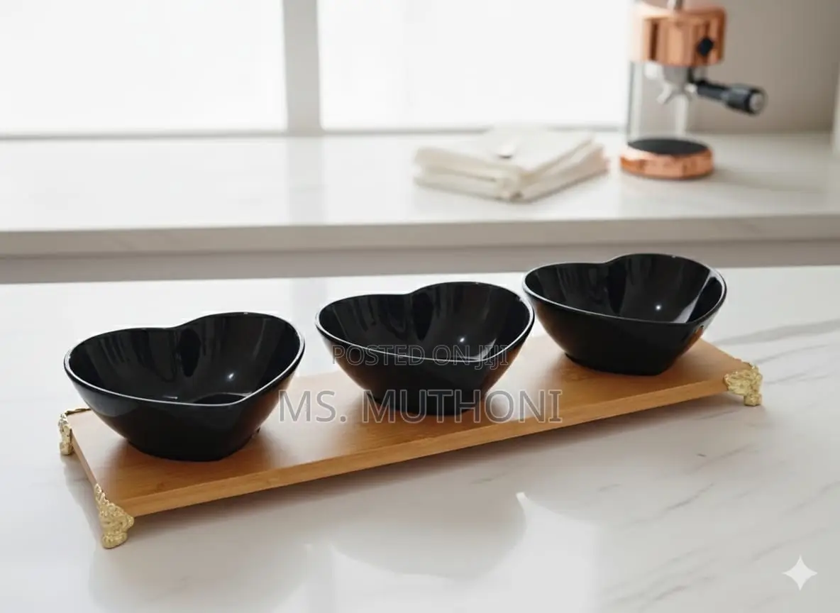 Charming Heart-Shaped Ceramic Bowls on a Bamboo Tray