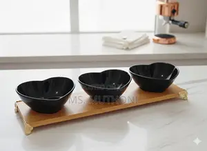 Charming Heart-Shaped Ceramic Bowls on a Bamboo Tray