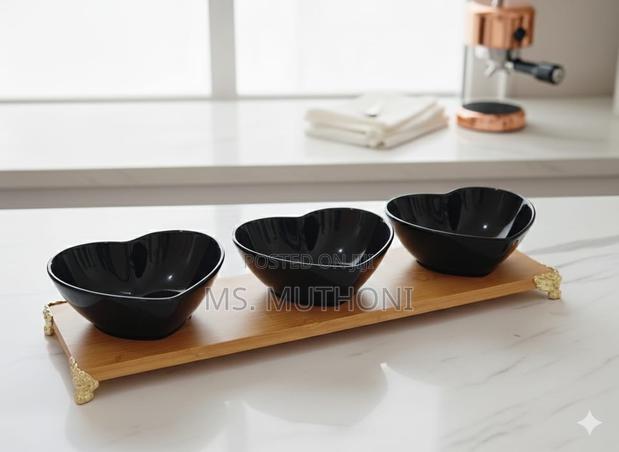 Charming Heart-Shaped Ceramic Bowls on a Bamboo Tray - thumbnail 4