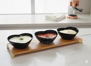 Charming Heart-Shaped Ceramic Bowls on a Bamboo Tray