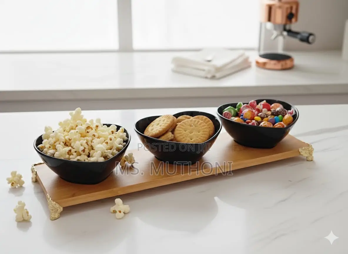 Charming Heart-Shaped Ceramic Bowls on a Bamboo Tray